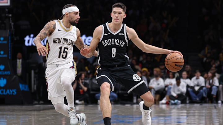 Dec 6, 2025; Brooklyn, New York, USA; Brooklyn Nets guard Egor Demin (8) dribbles against New Orleans Pelicans guard Jose Alvarado (15) during the second half at Barclays Center. Mandatory Credit: Vincent Carchietta-Imagn Images Dec 6, 2025; Brooklyn, New York, USA; Brooklyn Nets guard Egor Demin (8) dribbles against New Orleans Pelicans guard Jose Alvarado (15) during the second half at Barclays Center. Mandatory Credit: Vincent Carchietta-Imagn Images