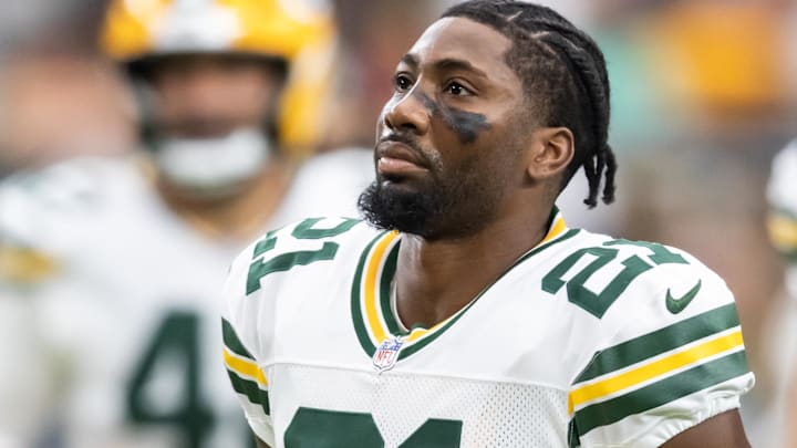 Oct 19, 2025; Glendale, Arizona, USA; Green Bay Packers cornerback Nate Hobbs (21) against the Arizona Cardinals at State Farm Stadium. Oct 19, 2025; Glendale, Arizona, USA; Green Bay Packers cornerback Nate Hobbs (21) against the Arizona Cardinals at State Farm Stadium.