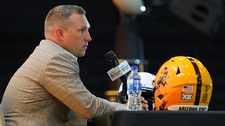 Jul 8, 2025; Frisco, TX, USA; Arizona State head coach Kenny Dillingham addresses the media during 2025 Big 12 Football Media Days at The Star. Mandatory Credit: Raymond Carlin III-Imagn Images