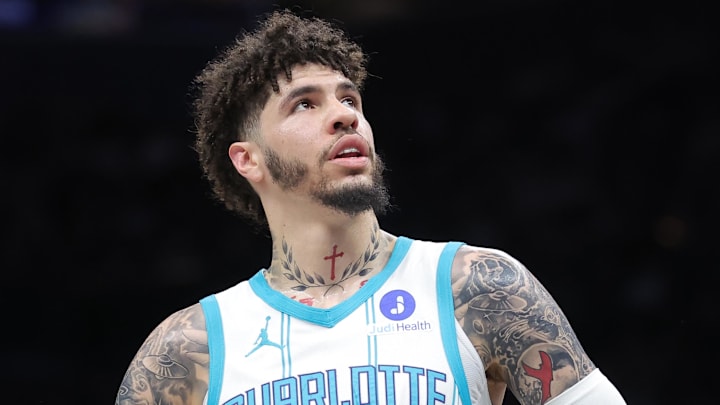 Mar 31, 2026; Brooklyn, New York, USA; Charlotte Hornets guard LaMelo Ball (1) during the first quarter against the Brooklyn Nets at Barclays Center. Mandatory Credit: Brad Penner-Imagn Images