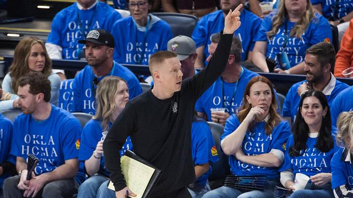 May 18, 2026; Oklahoma City, Oklahoma, USA; San Antonio Spurs associate head coach Sean Sweeney reacts in the second quarter against the Oklahoma City Thunder during game one of the western conference finals for the 2026 NBA playoffs at Paycom Center. Mandatory Credit: Brett Rojo-Imagn Images
