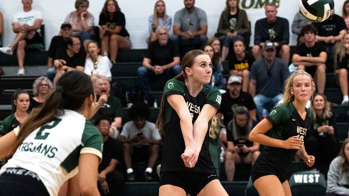 Iowa City West's Cyan Blommer (1) passes the ball Aug. 25, 2026 during a volleyball match against the Cedar Rapids Kennedy Cougars at Iowa City West High School in Iowa City, Iowa. Iowa City West's Cyan Blommer (1) passes the ball Aug. 25, 2026 during a volleyball match against the Cedar Rapids Kennedy Cougars at Iowa City West High School in Iowa City, Iowa.