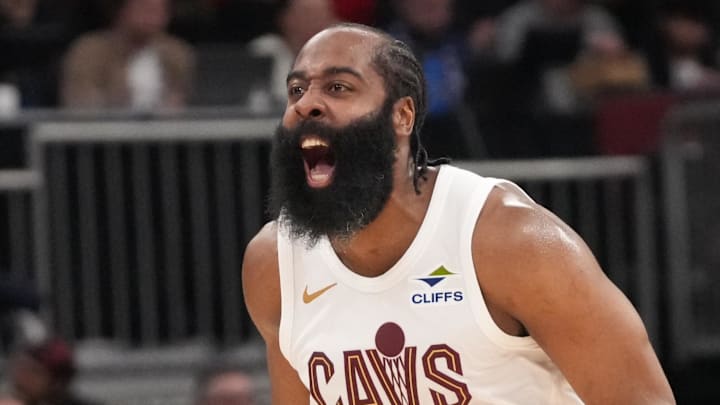 Mar 19, 2026; Chicago, Illinois, USA; Cleveland Cavaliers guard James Harden (1) reacts after making a three point basket against the Chicago Bulls during the second half at United Center. Mandatory Credit: David Banks-Imagn Images