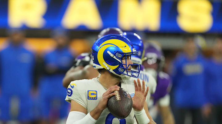 Oct 24, 2024; Inglewood, California, USA; Los Angeles Rams quarterback Matthew Stafford (9) throws the ball against the Minnesota Vikings in the first half at SoFi Stadium. Mandatory Credit: Kirby Lee-Imagn Images