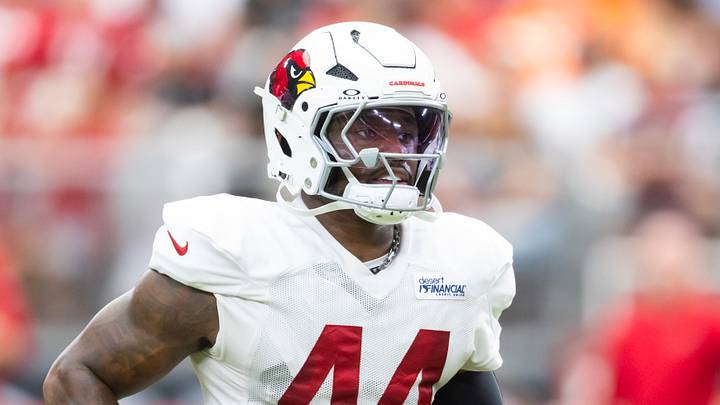 Aug 2, 2025; Glendale, AZ, USA; Arizona Cardinals linebacker Owen Pappoe (44) during the Red and White practice in training camp at State Farm Stadium. Mandatory Credit: Mark J. Rebilas-Imagn Images