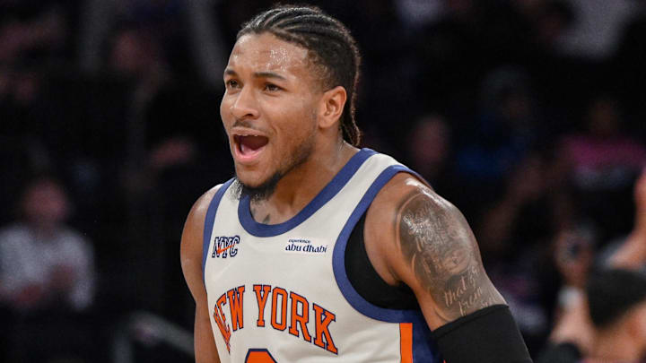 Jan 17, 2026; New York, New York, USA; New York Knicks guard Miles McBride (2) reacts during the second half against the Phoenix Suns at Madison Square Garden. Mandatory Credit: John Jones-Imagn Images