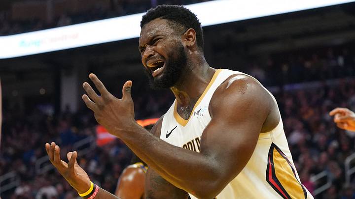 Oct 30, 2024; San Francisco, California, USA; New Orleans Pelicans forward Zion Williamson (1) reacts to to a play during the second quarter against the Golden State Warriors at Chase Center. Mandatory Credit: David Gonzales-Imagn Images