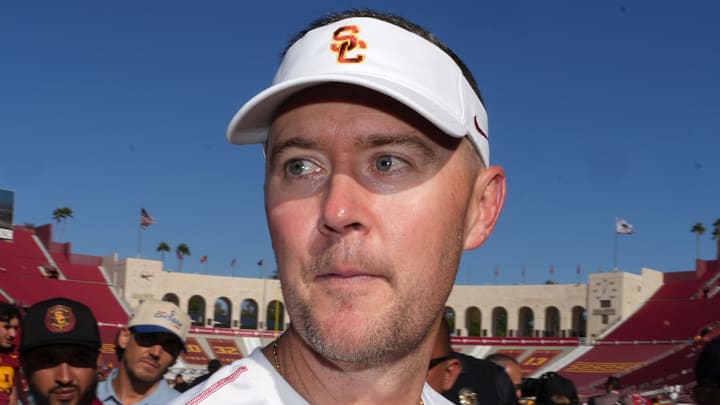 Sep 28, 2024; Los Angeles, California, USA; Southern California Trojans head coach Lincoln Riley reacts after a game against the Wisconsin Badgers at United Airlines Field at Los Angeles Memorial Coliseum. Mandatory Credit: Kirby Lee-Imagn Images