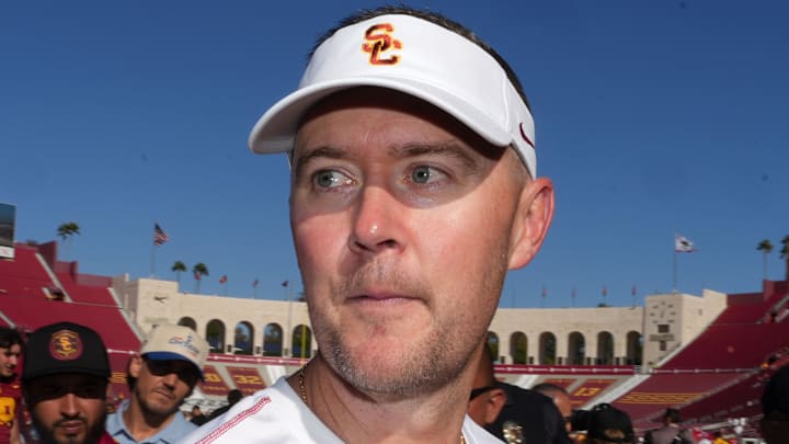 Sep 28, 2024; Los Angeles, California, USA; Southern California Trojans head coach Lincoln Riley reacts after a game against the Wisconsin Badgers at United Airlines Field at Los Angeles Memorial Coliseum. Mandatory Credit: Kirby Lee-Imagn Images