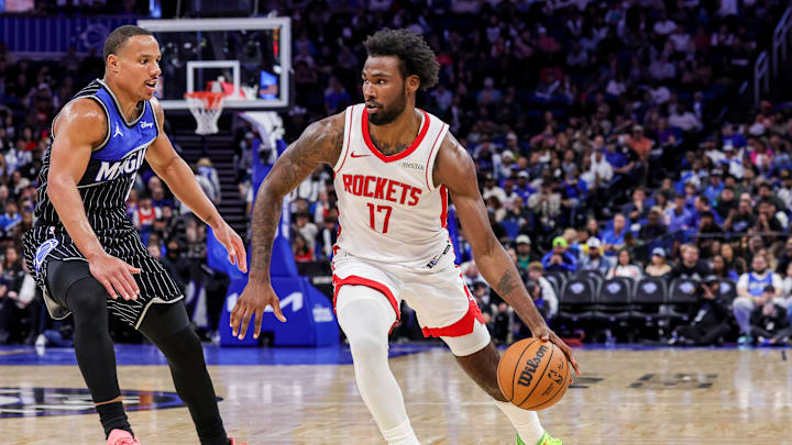 Feb 26, 2026; Orlando, Florida, USA; Houston Rockets forward Tari Eason (17) drives around Orlando Magic guard Desmond Bane (3) during the second half at Kia Center. Mandatory Credit: Mike Watters-Imagn Images Feb 26, 2026; Orlando, Florida, USA; Houston Rockets forward Tari Eason (17) drives around Orlando Magic guard Desmond Bane (3) during the second half at Kia Center. Mandatory Credit: Mike Watters-Imagn Images