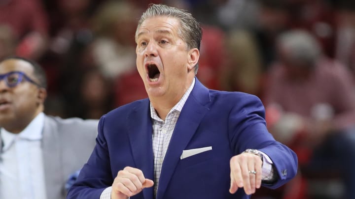 Former Kentucky Wildcats coach John Calipari during the first half against the Arkansas Razorbacks at Bud Walton Arena.
