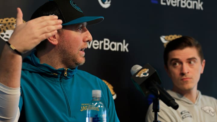 Jacksonville Jaguars head coach Liam Coen, left, speaks during a press conference next to general manager James Gladstone at Miller Electric Center Tuesday, April 15, 2025 in Jacksonville, Fla. 