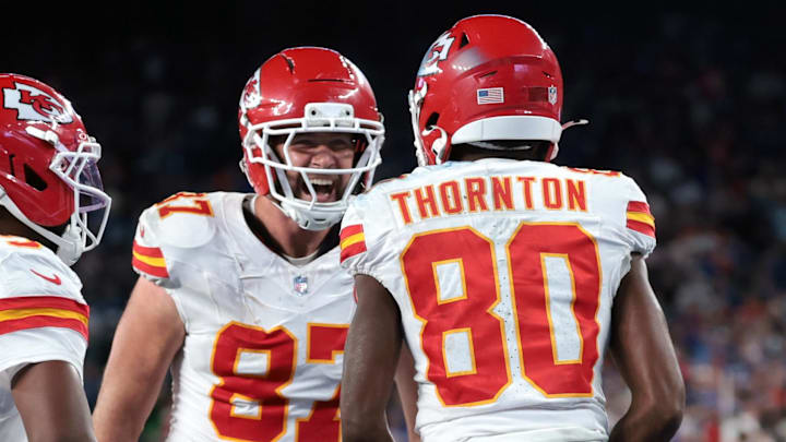 Sep 21, 2025; East Rutherford, New Jersey, USA; Kansas City Chiefs wide receiver Tyquan Thornton (80) celebrates with tight end Travis Kelce (87) and wide receiver Juju Smith-Schuster (9) after a reception against the New York Giants in the fourth quarter at MetLife Stadium. Mandatory Credit: Vincent Carchietta-Imagn Images Sep 21, 2025; East Rutherford, New Jersey, USA; Kansas City Chiefs wide receiver Tyquan Thornton (80) celebrates with tight end Travis Kelce (87) and wide receiver Juju Smith-Schuster (9) after a reception against the New York Giants in the fourth quarter at MetLife Stadium. Mandatory Credit: Vincent Carchietta-Imagn Images