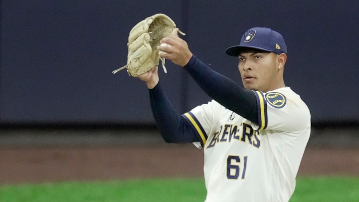 Milwaukee Brewers pitcher Angel Zerpa (61) is shown during the seventh inning of their game against the Toronto Blue Jays Tuesday, April 14, 2026 at American Family Field in Milwaukee, Wisconsin.