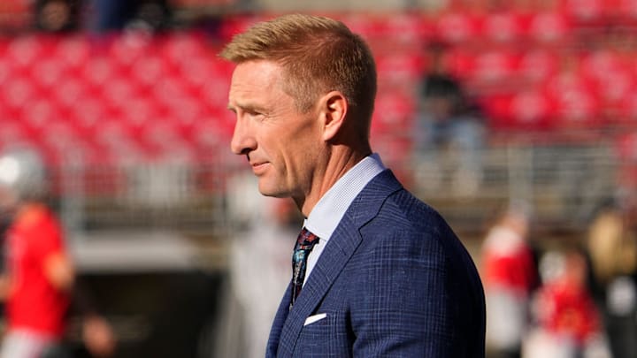 Nov 26, 2022; Columbus, Ohio, USA; Fox Sports announcer Joel Klatt walks across the field prior to the NCAA football game between the Ohio State Buckeyes and the Michigan Wolverines at Ohio Stadium. 