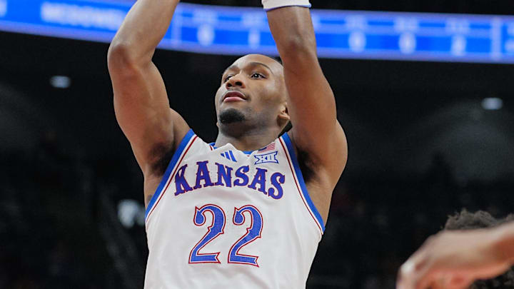 Dec 7, 2025; Kansas City, Missouri, USA; Kansas Jayhawks guard Darryn Peterson (22) shoots against Missouri Tigers forward Nicholas Randall (24) during the first half at T-Mobile Center. Mandatory Credit: Jay Biggerstaff-Imagn Images Dec 7, 2025; Kansas City, Missouri, USA; Kansas Jayhawks guard Darryn Peterson (22) shoots against Missouri Tigers forward Nicholas Randall (24) during the first half at T-Mobile Center. Mandatory Credit: Jay Biggerstaff-Imagn Images