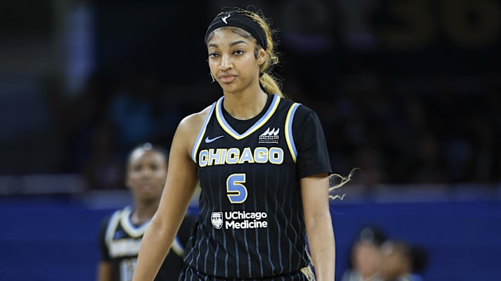 Jul 12, 2025; Chicago, Illinois, USA; Chicago Sky forward Angel Reese (5) walks on the court during the second half of a WNBA game against the Minnesota Lynx at Wintrust Arena. Mandatory Credit: Kamil Krzaczynski-Imagn Images