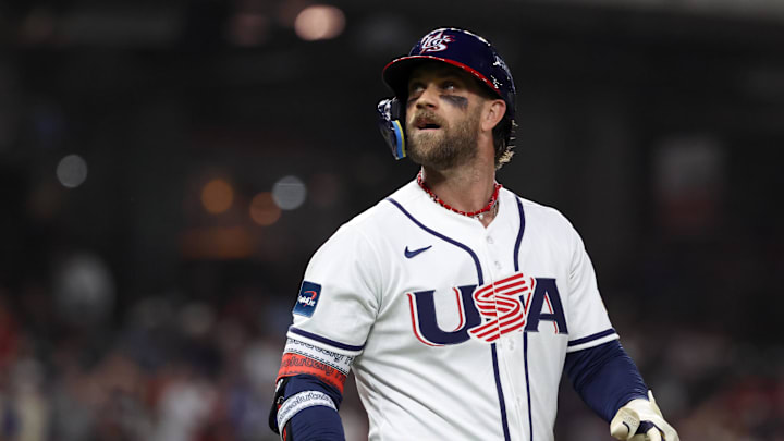 Houston, TX, United States; United States first baseman Bryce Harper (24) reacts after a flyout against Great Britain during the second inning at Daikin Park.