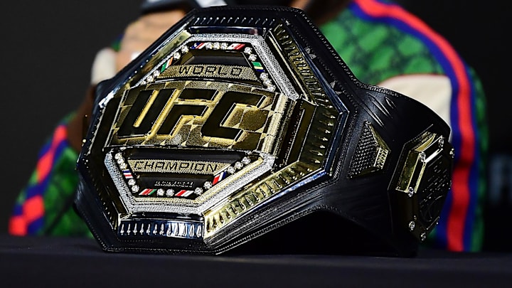 Jan 22, 2022; Anaheim, California, USA; The championship belt of Deiveson Figueiredo pictured