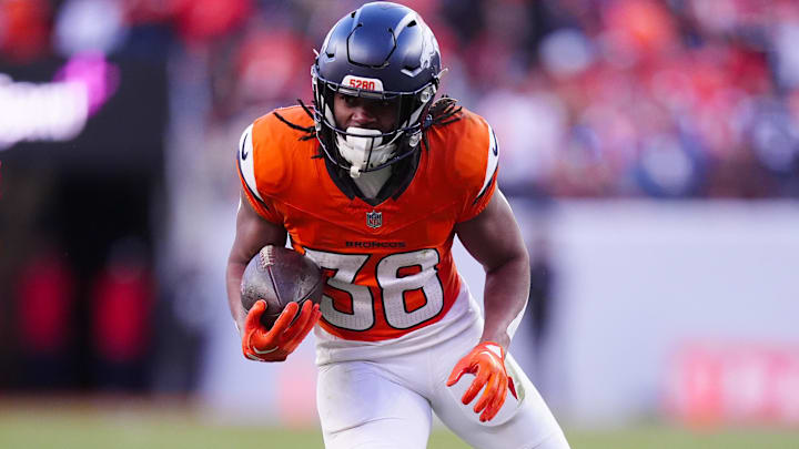Jan 17, 2026; Denver, CO, USA; Denver Broncos running back Jaleel McLaughlin (38) runs during the third quarter of an AFC Divisional Round playoff game against the Buffalo Bills at Empower Field at Mile High. Jan 17, 2026; Denver, CO, USA; Denver Broncos running back Jaleel McLaughlin (38) runs during the third quarter of an AFC Divisional Round playoff game against the Buffalo Bills at Empower Field at Mile High.