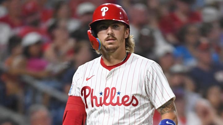Aug 26, 2024; Philadelphia, Pennsylvania, USA; Philadelphia Phillies second base Bryson Stott (5) reacts after striking out during the sixth inning against the Houston Astros during the fourth inning at Citizens Bank Park Aug 26, 2024; Philadelphia, Pennsylvania, USA; Philadelphia Phillies second base Bryson Stott (5) reacts after striking out during the sixth inning against the Houston Astros during the fourth inning at Citizens Bank Park
