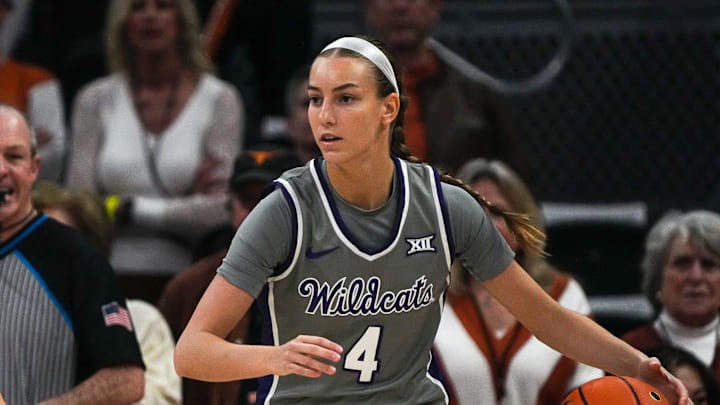Kansas State guard Serena Sundell (4) is guarded by Texas Longhorns guard Shay Holle (10) during the basketball game at the Moody Center on Sunday, Feb. 4, 2024 in Austin.