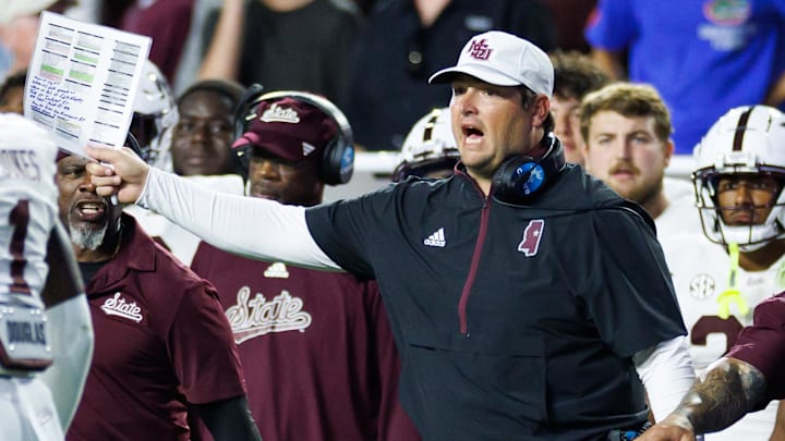 Mississippi State Bulldogs head coach Jeff Lebby calls a play against the Florida Gators during the second half at Ben Hill Griffin Stadium. Mississippi State Bulldogs head coach Jeff Lebby calls a play against the Florida Gators during the second half at Ben Hill Griffin Stadium.