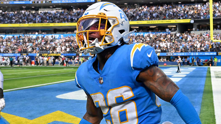 Sep 11, 2022; Inglewood, California, USA; Los Angeles Chargers cornerback Asante Samuel Jr. (26) celebrates after a pass interception in the fourth quarter against the Las Vegas Raiders at SoFi Stadium. Mandatory Credit: Jayne Kamin-Oncea-Imagn Images