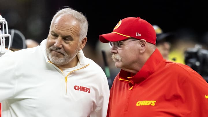 Feb 9, 2025; New Orleans, LA, USA;  Kansas City Chiefs special teams coordinator Dave Toub (left) with head coach Andy Reid against the Philadelphia Eagles in Super Bowl LIX at Ceasars Superdome. Mandatory Credit: Mark J. Rebilas-Imagn Images