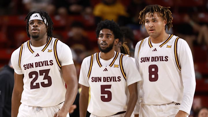 Jan 3, 2026; Tempe, Arizona, USA; Arizona State Sun Devils forward Allen Mukeba (23), guard Maurice Odum (5) and forward Marcus Adams Jr. (8) against the Colorado Buffaloes at Desert Financial Arena. Mandatory Credit: Mark J. Rebilas-Imagn Images