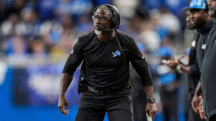 Detroit Lions defensive coordinator Aaron Glenn reacts to a play against Los Angeles Rams during the first half at Ford Field in Detroit on Sunday, September 8, 2024.