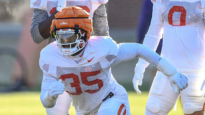 Clemson linebacker Jeremiah Alexander (35) in a drill during the football practice at the Allen N. Reeves Football Complex at Clemson University in Clemson, S.C. Monday, March 3, 2025. Clemson linebacker Jeremiah Alexander (35) in a drill during the football practice at the Allen N. Reeves Football Complex at Clemson University in Clemson, S.C. Monday, March 3, 2025.