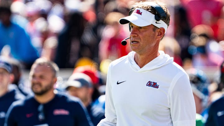 Ole Miss head coach Lane Kiffin reacts to an official during a college football game between Ole Miss and LSU at Vaught-Hemingway Stadium in Oxford, Miss., on Saturday, Sept. 27, 2025. Ole Miss head coach Lane Kiffin reacts to an official during a college football game between Ole Miss and LSU at Vaught-Hemingway Stadium in Oxford, Miss., on Saturday, Sept. 27, 2025.