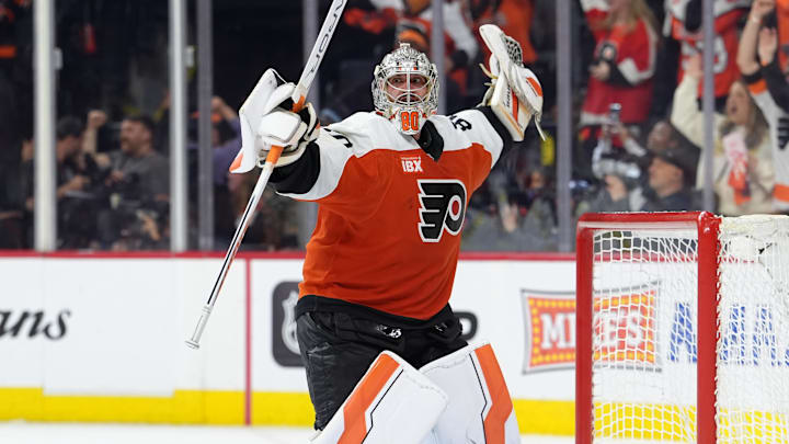 Apr 29, 2026; Philadelphia, Pennsylvania, USA; Philadelphia Flyers goalie Dan Vladar (80) reacts against the Pittsburgh Penguins in overtime in game six of the first round of the 2026 Stanley Cup Playoffs at Xfinity Mobile Arena. Mandatory Credit: Kyle Ross-Imagn Images