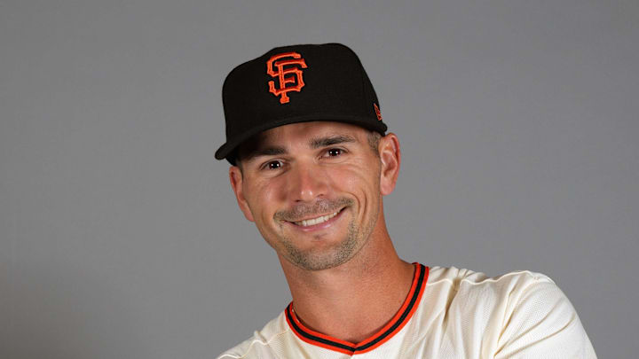 Feb 19, 2026; Scottsdale, AZ, USA; San Francisco Giants outfielder Jared Oliva (56) poses during Photo Day at Scottsdale Stadium. Mandatory Credit: Rick Scuteri-Imagn Images