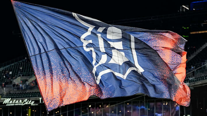 Detroit Tigers mascot Paws waves a flag to celebrates 7-4 win over Colorado Rockies at Comerica Park in Detroit on Wednesday, September 11, 2024.