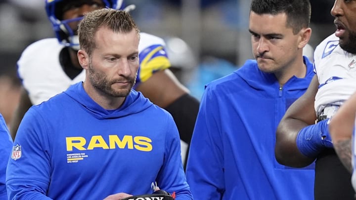 Jan 10, 2026; Charlotte, NC, USA; Los Angeles Rams head coach Sean McVay in the first half during the NFC Wild Card Round game at Bank of America Stadium. Mandatory Credit: Jim Dedmon-Imagn Images