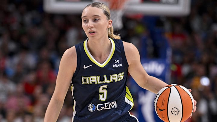 Aug 1, 2025; Dallas, Texas, USA; Dallas Wings guard Paige Bueckers (5) in action during the game between the Dallas Wings and the Indiana Fever at the American Airlines Center. Mandatory Credit: Jerome Miron-Imagn Images