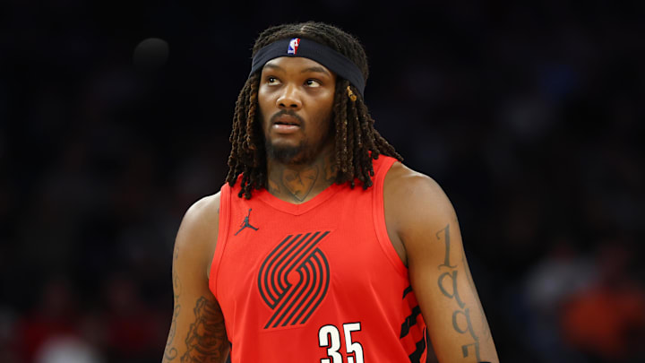 Feb 22, 2026; Phoenix, Arizona, USA; Portland Trail Blazers center Robert Williams III (35) against the Phoenix Suns at Mortgage Matchup Center. Mandatory Credit: Mark J. Rebilas-Imagn Images