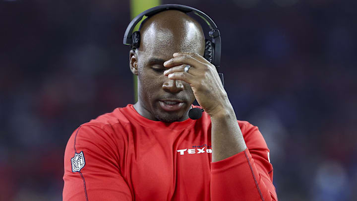 Nov 10, 2024; Houston, Texas, USA; Houston Texans head coach DeMeco Ryans reacts during the third quarter against the Detroit Lions at NRG Stadium. Mandatory Credit: Troy Taormina-Imagn Images