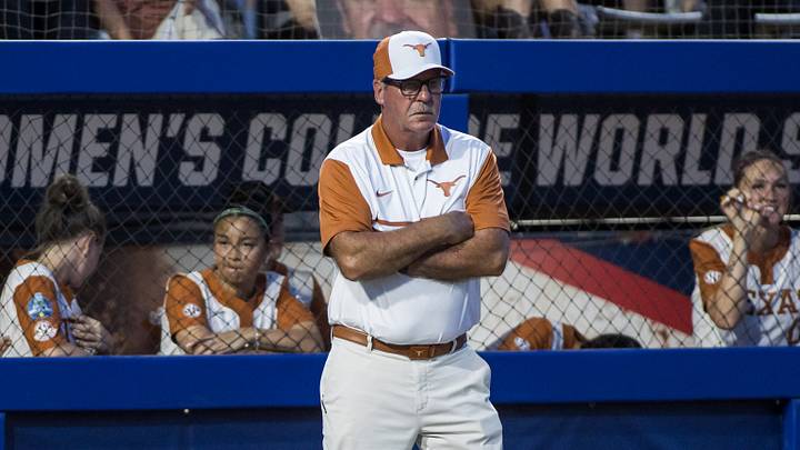 Texas Longhorns head coach Mike White waits on the outcome of a review in the fifth inning against the Texas Tech Red Raiders during Game One of the NCAA Women’s College World Series championship series at Devon Park. Texas Longhorns head coach Mike White waits on the outcome of a review in the fifth inning against the Texas Tech Red Raiders during Game One of the NCAA Women’s College World Series championship series at Devon Park.