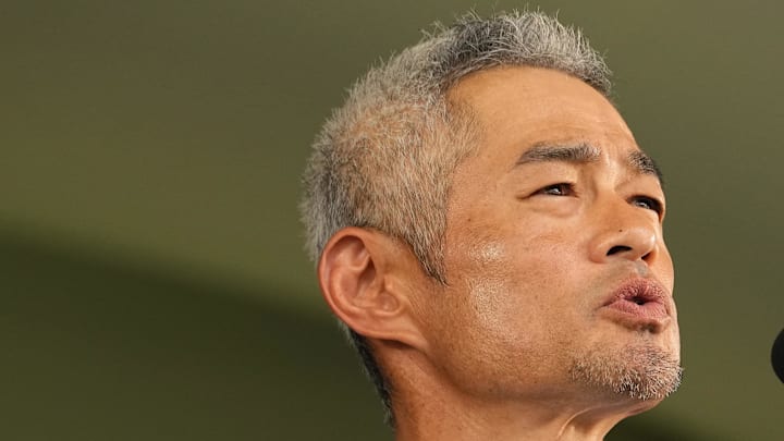 Hall of Fame inductee Ichiro Suzuki makes his acceptance speech during the Baseball Hall of Fame Induction Ceremony at the Clark Sports Center on July 27. 