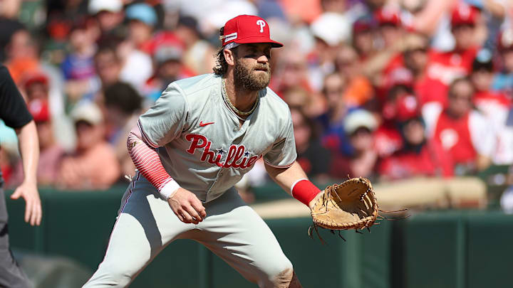 Philadelphia Phillies first baseman Bryce Harper is one of four Phillies named NL Gold Glove Award finalists