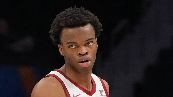 Mar 10, 2026; Charlotte, NC, USA; Stanford Cardinal guard Ebuka Okorie (1) with the ball in the second half at Spectrum Center. Mandatory Credit: Bob Donnan-Imagn Images