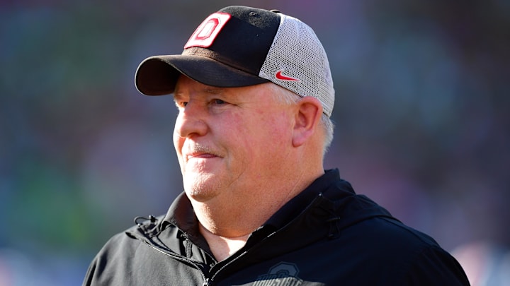 Jan 1, 2025; Pasadena, CA, USA;  Ohio State Buckeyes offensive coordinator Chip Kelly looks on before the 2025 Rose Bowl college football quarterfinal game against the Oregon Ducks at Rose Bowl Stadium. Mandatory Credit: Gary A. Vasquez-Imagn Images