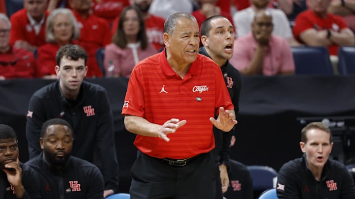 Houston Cougars head coach Kelvin Sampson stands on the sidelines during the first half of a game against the Texas A&M Aggies.