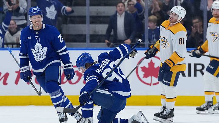 Oct 6, 2026; Toronto, Ontario, CAN; Toronto Maple Leafs left wing Gavin McKenna (92) celebrates scoring his first NHL career goal against the Nashville Predators during the second period at Scotiabank Arena. Mandatory Credit: Nick Turchiaro-Imagn Images Oct 6, 2026; Toronto, Ontario, CAN; Toronto Maple Leafs left wing Gavin McKenna (92) celebrates scoring his first NHL career goal against the Nashville Predators during the second period at Scotiabank Arena. Mandatory Credit: Nick Turchiaro-Imagn Images