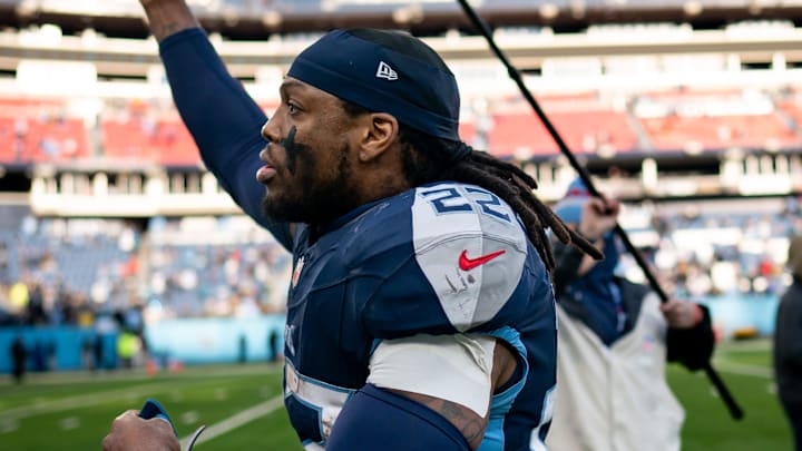 Tennessee Titans running back Derrick Henry (22) waves to fans as he exits the field after defeating Jacksonville Jaguars 28-20 at Nissan Stadium in Nashville, Tenn., Sunday, Jan. 7, 2024.