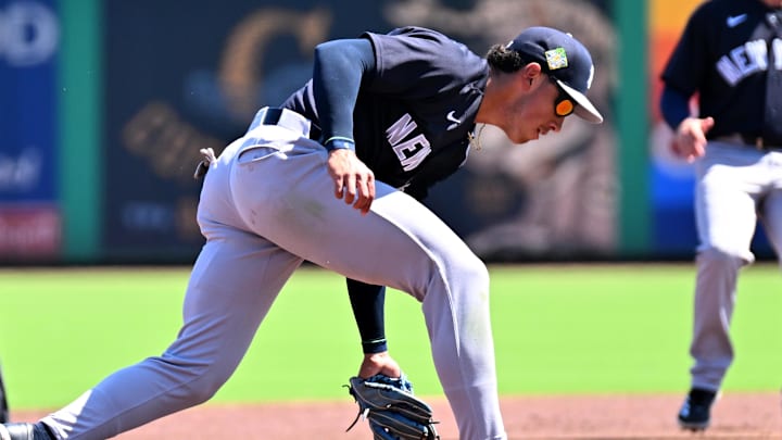 Mar 10, 2026; Clearwater, Florida, USA; New York Yankees shortstop George Lombard Jr. (96) fields a ground ball in the first inning against the Philadelphia Phillies during spring training at BayCare Ballpark. Mandatory Credit: Jonathan Dyer-Imagn Images