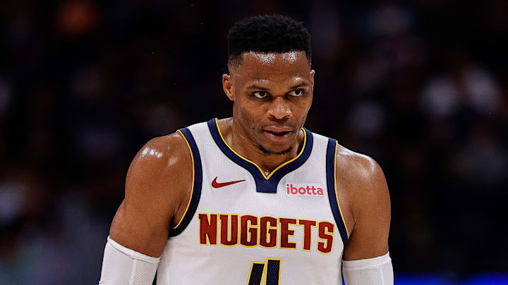 Oct 13, 2024; Denver, Colorado, USA; Denver Nuggets guard Russell Westbrook (4) in the second quarter against the Phoenix Suns at Ball Arena. Mandatory Credit: Isaiah J. Downing-Imagn Images Oct 13, 2024; Denver, Colorado, USA; Denver Nuggets guard Russell Westbrook (4) in the second quarter against the Phoenix Suns at Ball Arena. Mandatory Credit: Isaiah J. Downing-Imagn Images